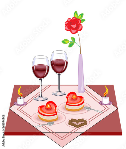 Festive table for lovers. Valentine s Day. A delicious heart-shaped cake, two glasses of wine of frost. Candles give a romantic mood of love. Vector illustration photo