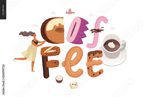 Dessert lettering - Coffee - modern flat vector concept digital illustration of temptation font, sweet lettering and girls. Caramel, toffee, biscuit, waffle, cookie, cream and chocolate letters