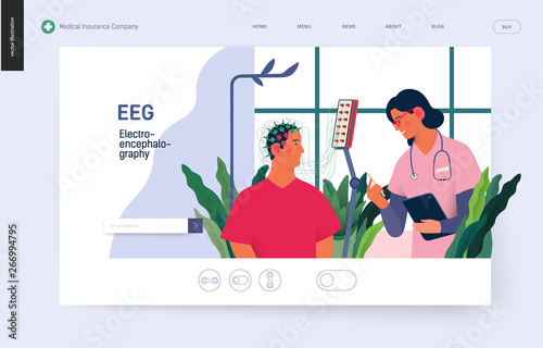 Medical tests template - EEG - electroencephalography - modern flat vector concept digital illustration of encephalography procedure - a patient with head electrodes and doctor in medical office