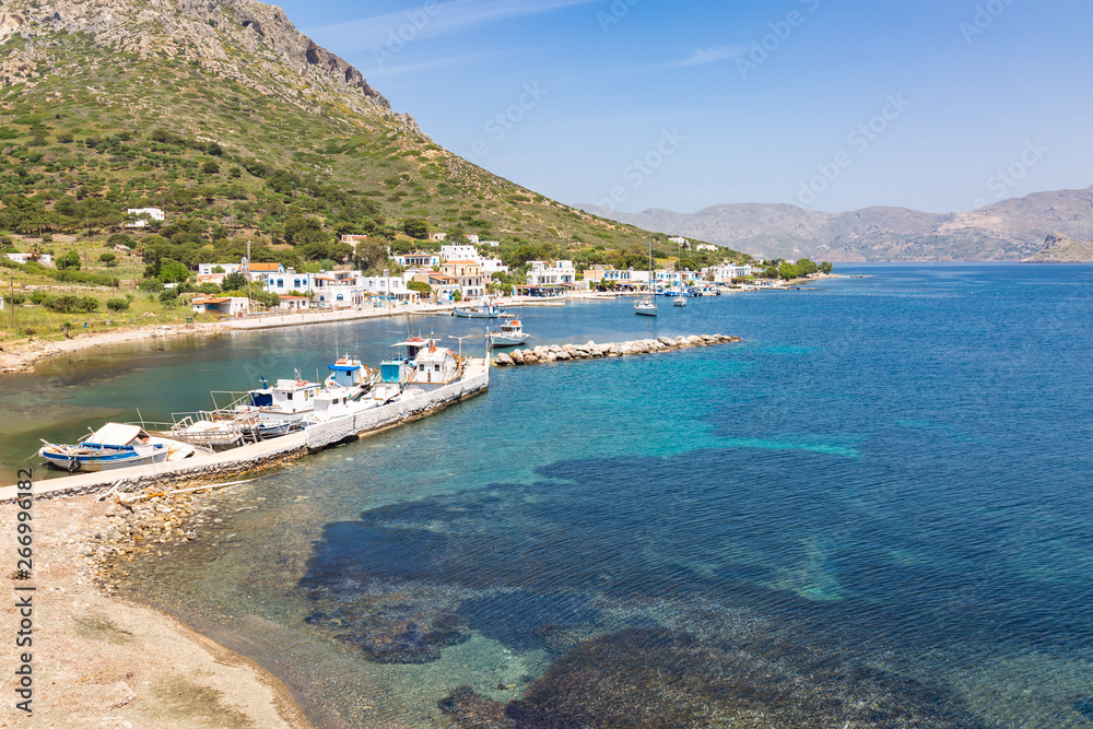 View on sea bay and old village on Talendos island, Grecee