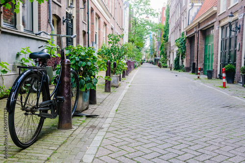 Bicycle parked on an empty street in Amsterdam with lots of plants.