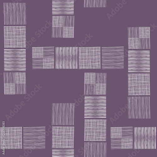 Tower blocks of hand drawn doodle squares in spacious abstract design. Seamless vector pattern on soft purple background. Perfect for packaging, stationery, fabric, giftwrap, home decor, scrapbooking