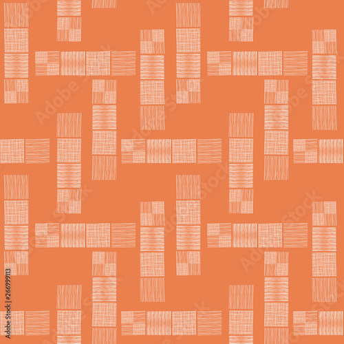 Tower blocks of hand drawn doodle squares in spacious abstract design. Seamless vector pattern on orange background. Perfect for packaging, stationery, fabric, giftwrap, home decor, scrapbooking