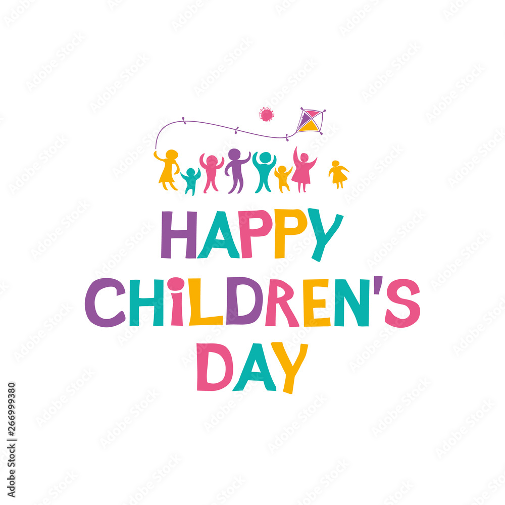 Happy Children's Day. Bright multicolored flat design of social logo. Colorful silhouettes of joyful playing kids illustration to the International Children's Day. Vector inscription and funny kids.