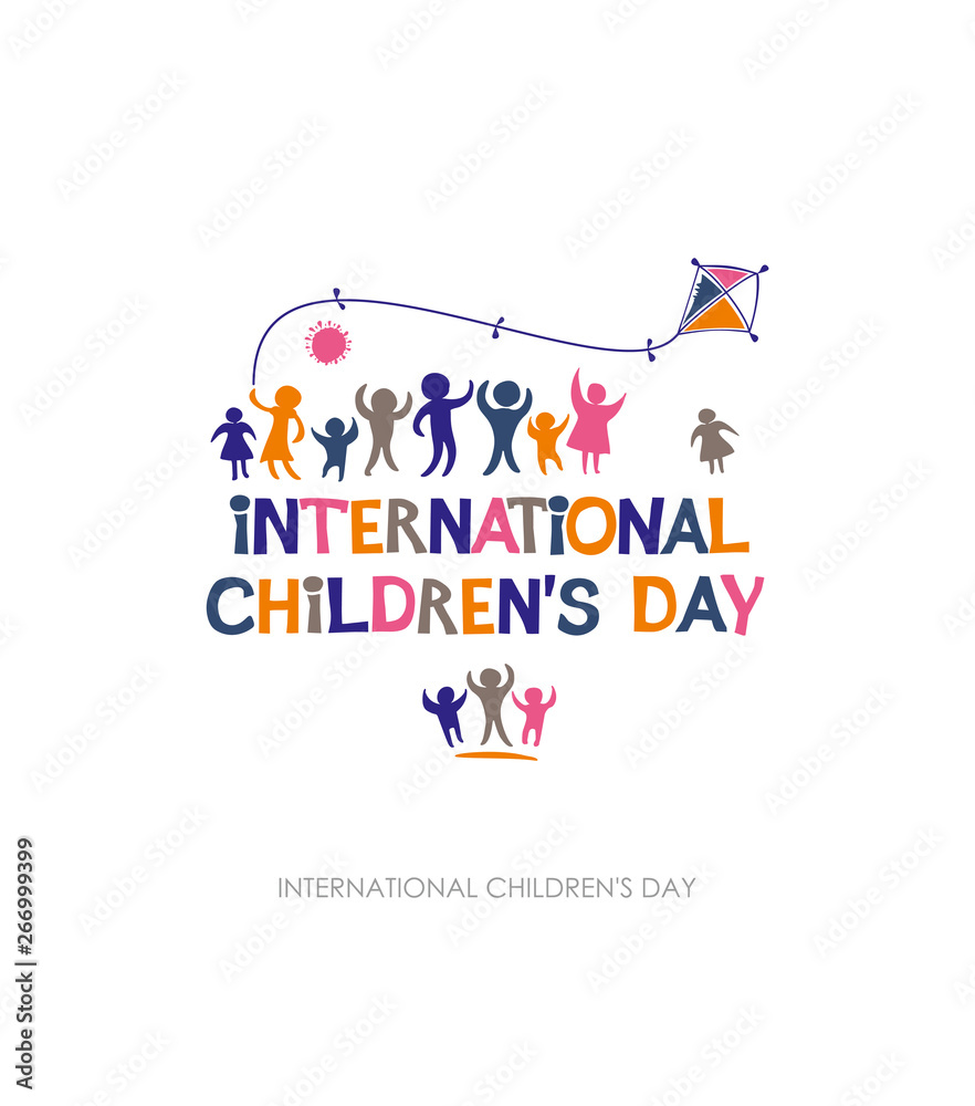International Children's Day. Bright multicolored flat design of social logo. Colorful silhouettes of joyful playing kids illustration to the Happy Children's Day. Vector inscription and funny kids.