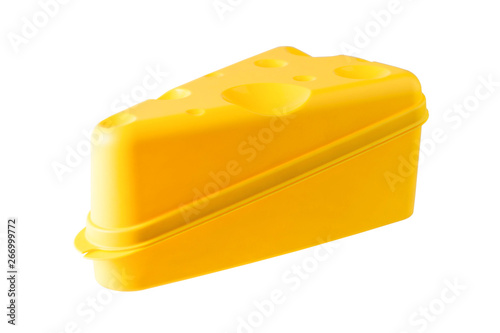 Eco-friendly yellow special storage container for cheeses, on white. short focus