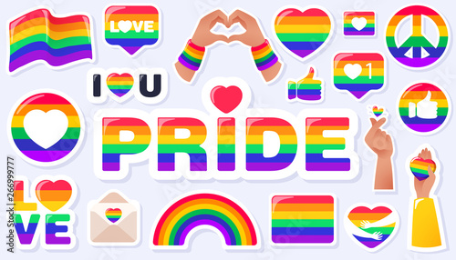 Pride LGBTQ+ icon set, LGBTQ+ related symbols set in rainbow colors: Pride Flag, Heart, Peace, Rainbow, Love, Support, Freedom Symbols. Gay Pride Month. Flat design signs isolated on white background