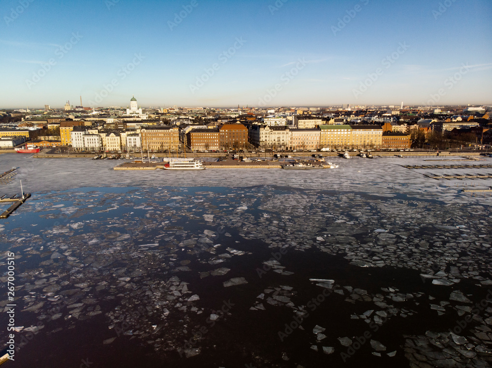 Helsinki Finland Aerial over ocean with broken ice 