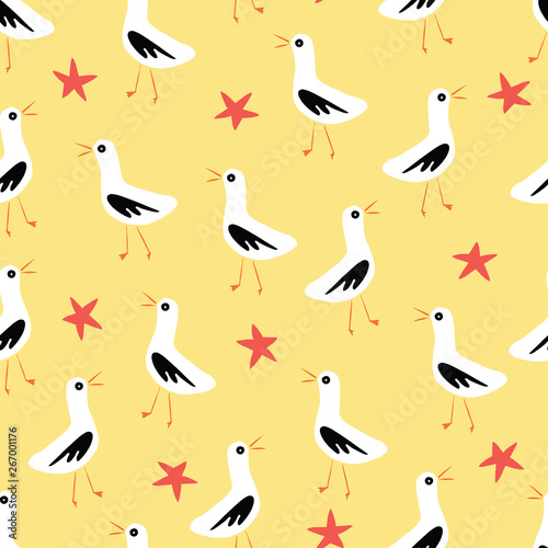 Seagulls and starfish on the beach seamless vector pattern yellow