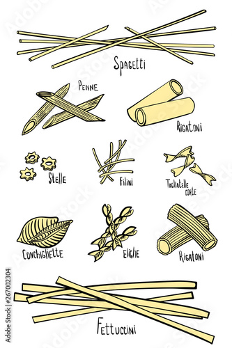 A set of different types of pasta in colored hand-drawing lines
