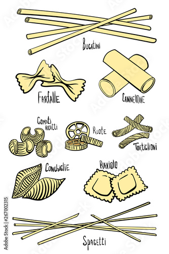 A set of different types of pasta in colored hand-drawing lines
