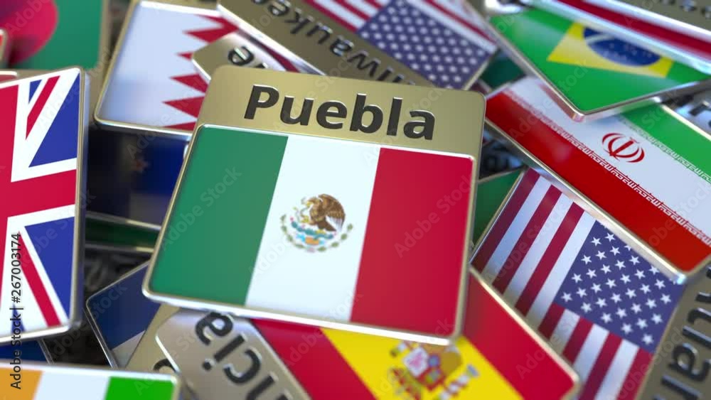 Souvenir magnet or badge with Puebla text and national flag among different ones. Traveling to Mexico conceptual intro animation
