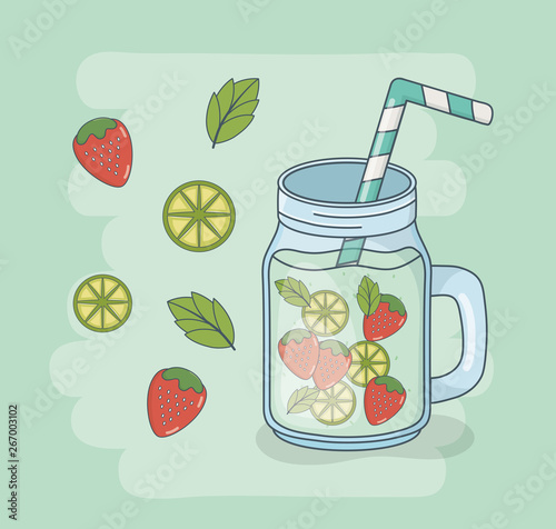 lemon and strawberry juice jar with straw