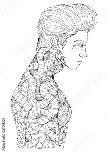 Vector in profile a serious man with long hairstyle. Pensive boy with a tattoo weave and with wriggling snake on a muscular naked torso. Pattern for coloring page A4 size.