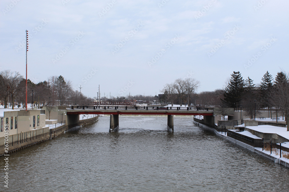 Harrison Street Bridge over the Flint River in Flint, Michigan in winter