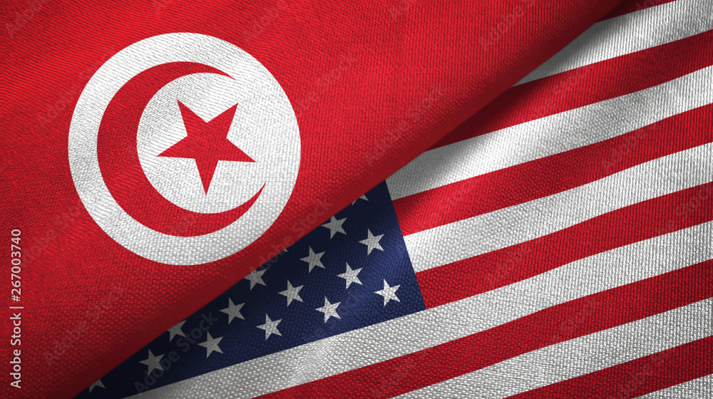 Fototapeta premium Tunisia and United States two flags textile cloth, fabric texture