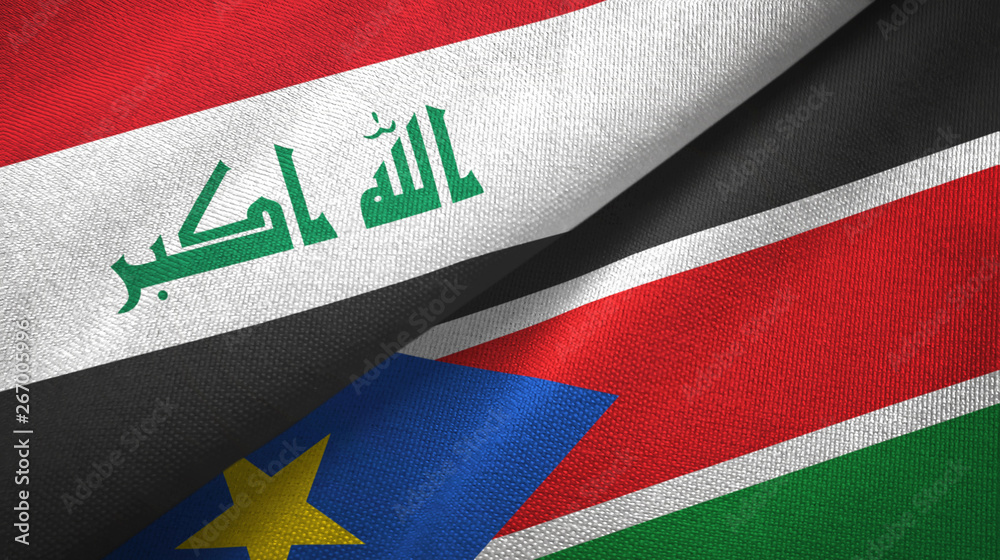 Naklejka premium Iraq and South Sudan two flags textile cloth, fabric texture