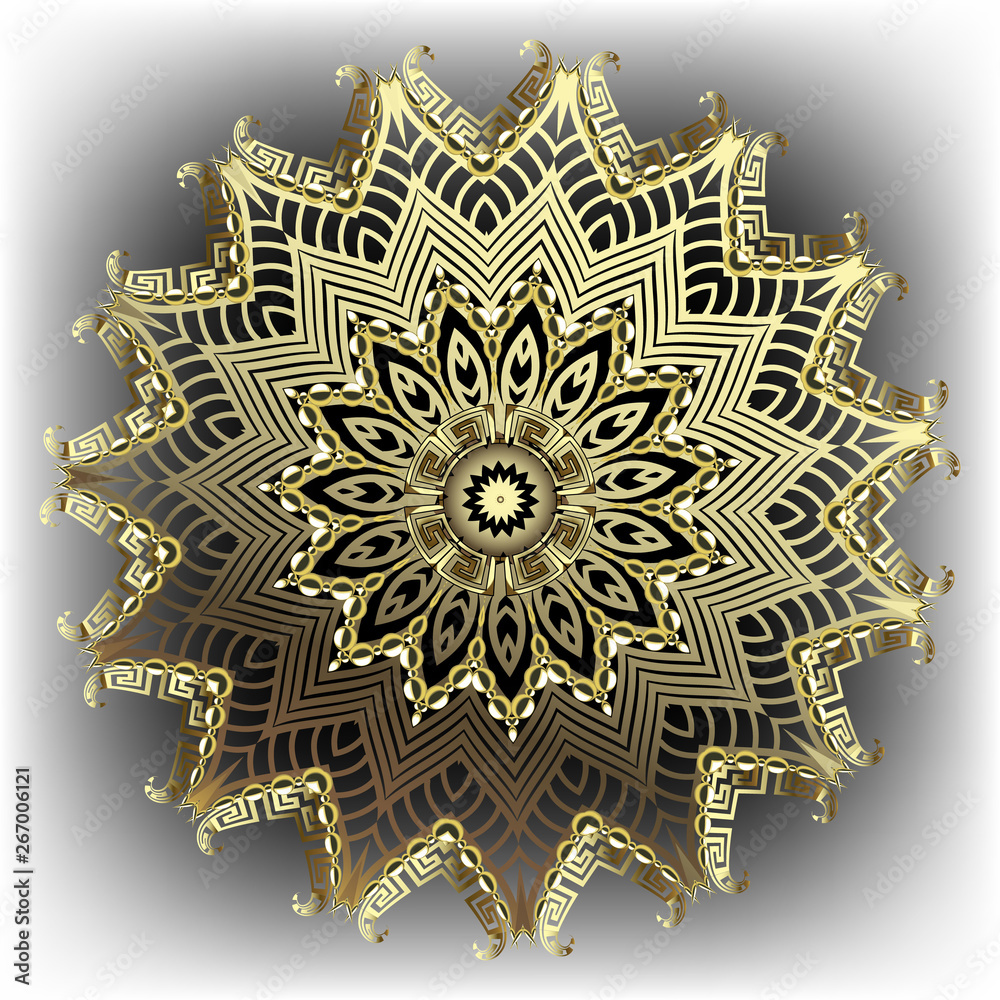 Gold ornate 3d beautiful mandala pattern. Greek key meanders luxury ornament. Modern abstract elegance ornamental floral background. Vintage lace decorative flower with zigzag lines, golden beads.