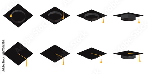 A set of academic cups with tassels in different angles Vector flat illustration
