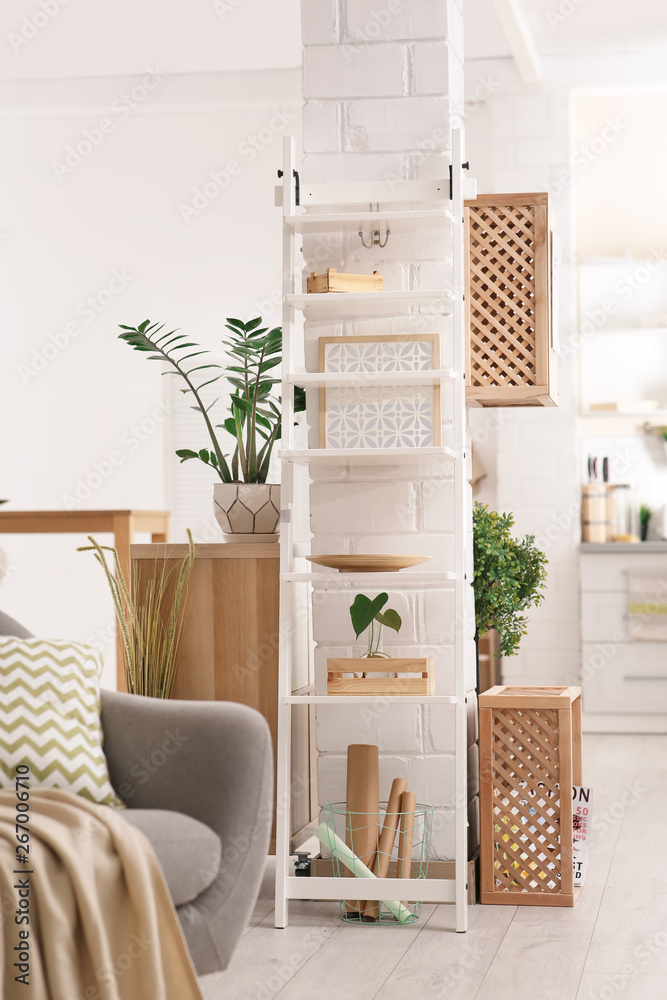 Modern eco style interior with wooden crates and shelves Modern eco style interior with wooden crates and shelves