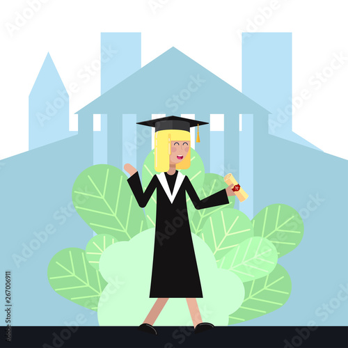 girl student in academic gown and cap received a diploma and rejoices Vector flat illustration