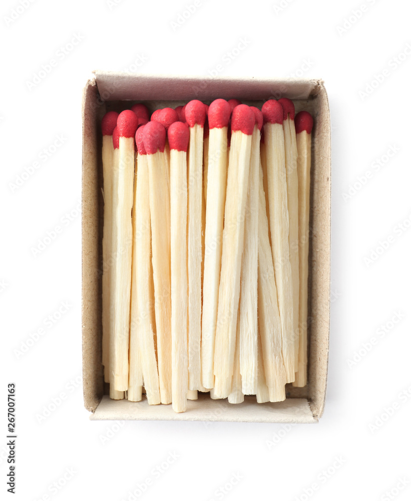 Cardboard box with matches on white background, top view