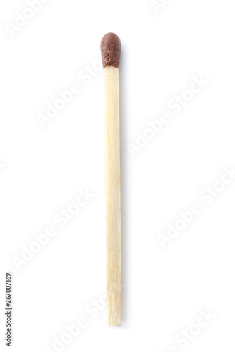 Wooden match on white background, top view