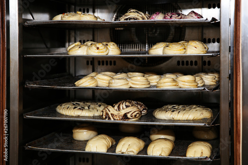 Oven with pastries in bakery workshop