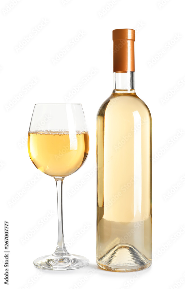 Glass and bottle of delicious wine on white background Glass and bottle of delicious wine on white background