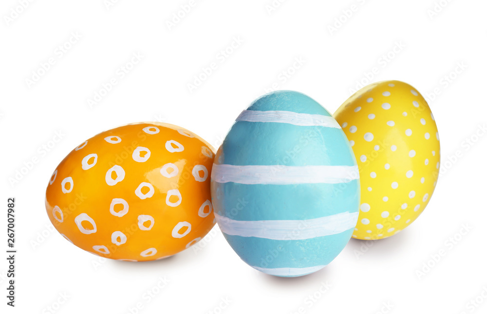 Bright painted Easter eggs on white background