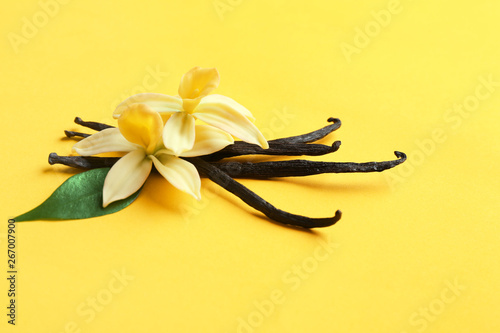 Vanilla sticks and flowers on yellow background. Space for text