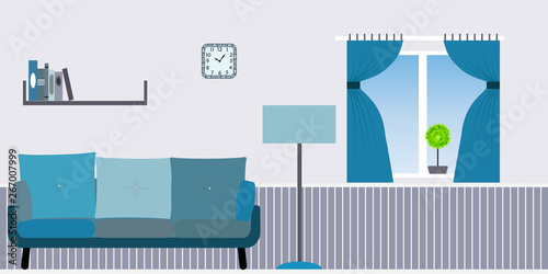 Living Room Interior in Minimalist Style - Cozy Atmosphere for Rest and Relaxation - Vector Illustration in Blue Tones