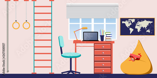 Children's Room Interior for Boy Teenager - Workplace and Sports Section - Vector Illustration 