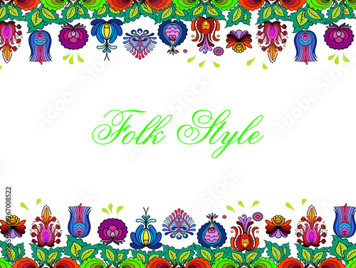 Folksy Floral Background - Slavic Folk Style Flower Border - Vector Patterned Vignette