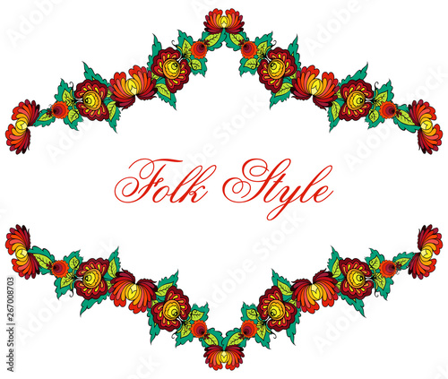 Folkloric Floral Design - Russian Folk Painting Flower Garland - Vector Patterned Vignette