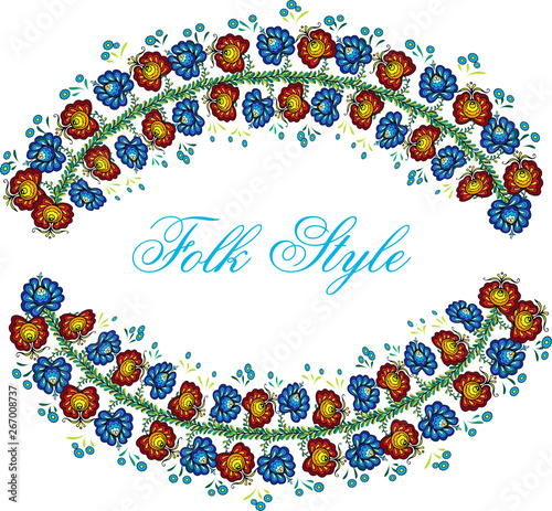 Folklore Floral Cadre - Ukrainian Folk Style Oval Garland - Vector Flower Vignette