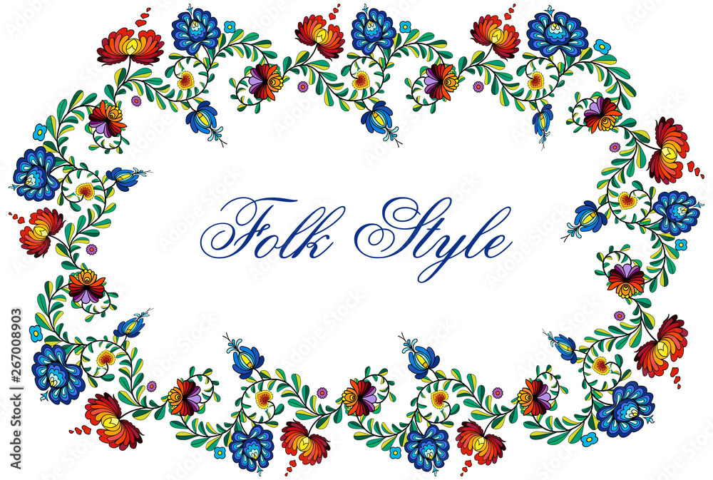 Folk Fashion Frame - Slav Ethnic Style Flower Garland - Vector Oval Vignette