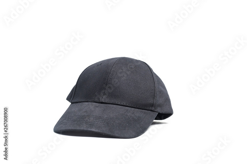 Close up black cap, or snapback isolated on white background.