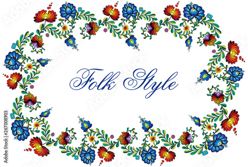Folk Fashion Frame - Slav Ethnic Style Flower Garland - Vector Oval Vignette