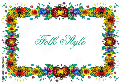 Folksy Square Frame - Ukrainian Folk Style Flower Decor - Vector Folklore Vignette