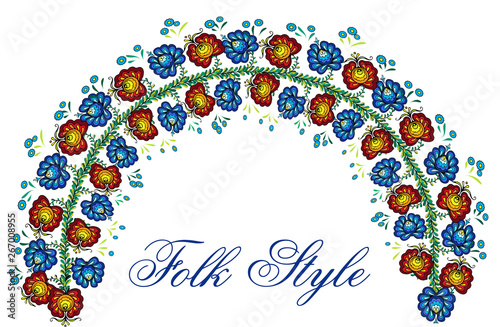 Folksy Floral Arch - Polish Folklore Style Flower Garland - Vector Ornamental Vignette