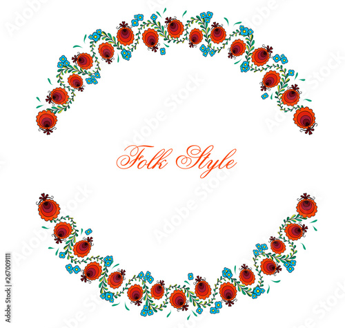 Folksy Round Wreath - Magyar Folk Style Flower Garland - Vector Round Vignette