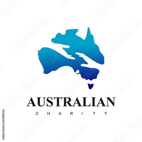 Australian Charity Logo With Helping Hand Symbol Silhouette In Australia Map