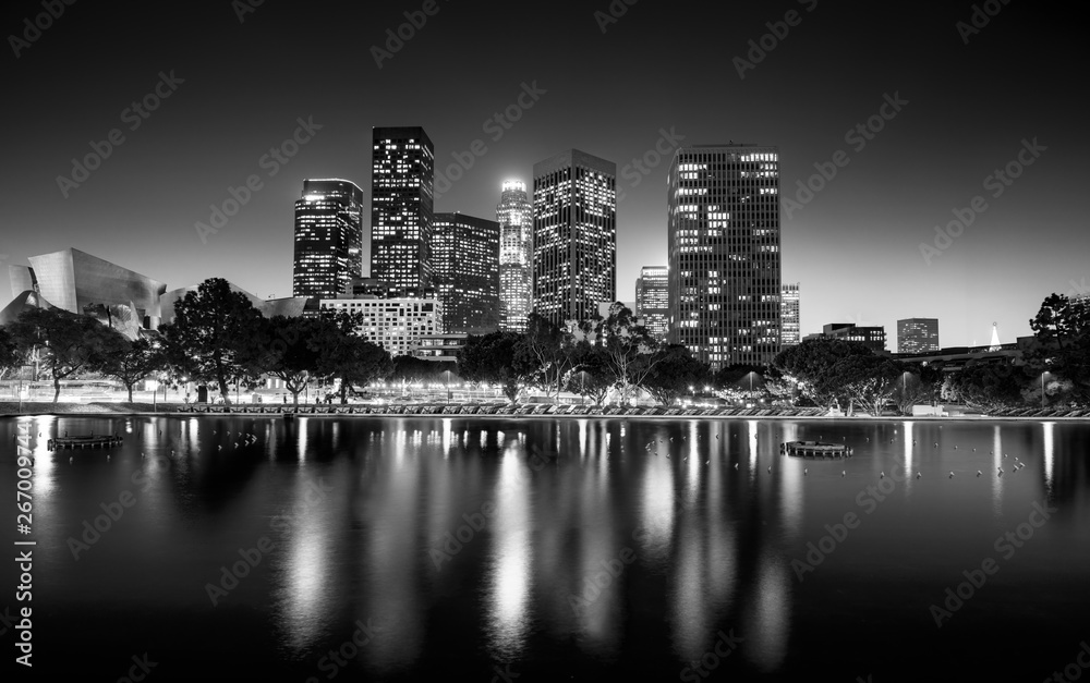 Black and white photo of downtown Los Angeles at night