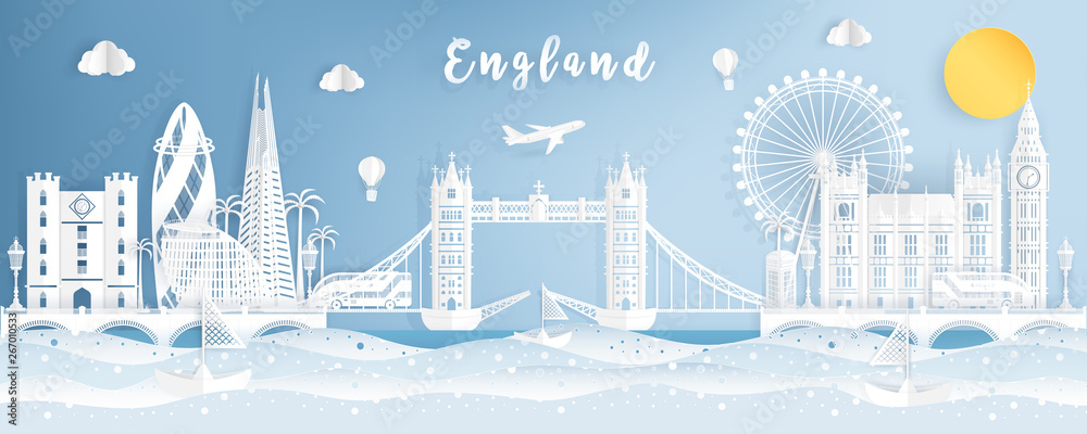 Famous Travel Landmark and Attraction in England, Postcard, Poster, Banner, Cover Image, Advertising Template, Object and Element in Paper Cut and Origami Style Panorama Background Vector Illustration