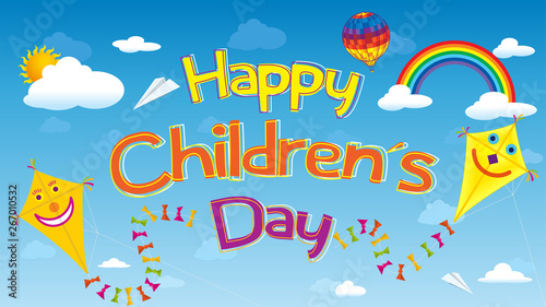 Happy Children's Day greeting card. Letters floating in the sky surrounded by smiling kites, clouds, rainbows, aerostat balloon and paper airplanes over a blue sky. Vector image