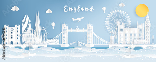 Famous Travel Landmark and Attraction in England, Postcard, Poster, Banner, Cover Image, Advertising Template, Object and Element in Paper Cut and Origami Style Panorama Background Vector Illustration