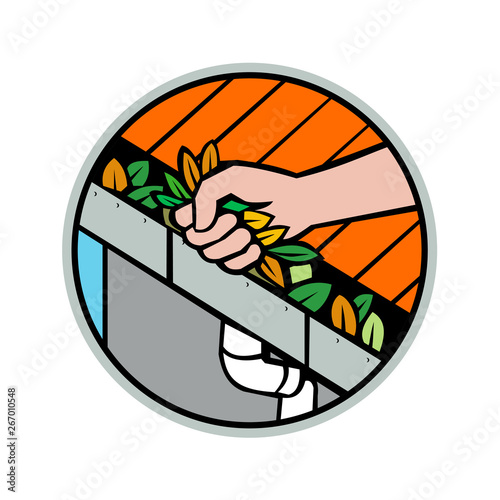 Icon retro style illustration of a hand cleaning a roof gutter, guttering, rain gutter, eavestrough or surface water collection channel clogged with leaves set inside circle on isolated background.