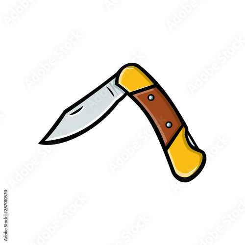 Retro style illustration of a pocket knife or folding knife partially opened 45 degrees on isolated background.