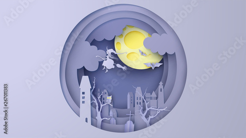 Deserted city on Halloween. Witch flying on the sky in deserted city. paper cut and craft design. vector, illustration.